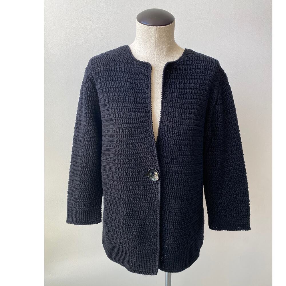 Vintage 90s Black Chunky Knit Cardigan Crochet Cottage Witchy Grandma Sweater XL
